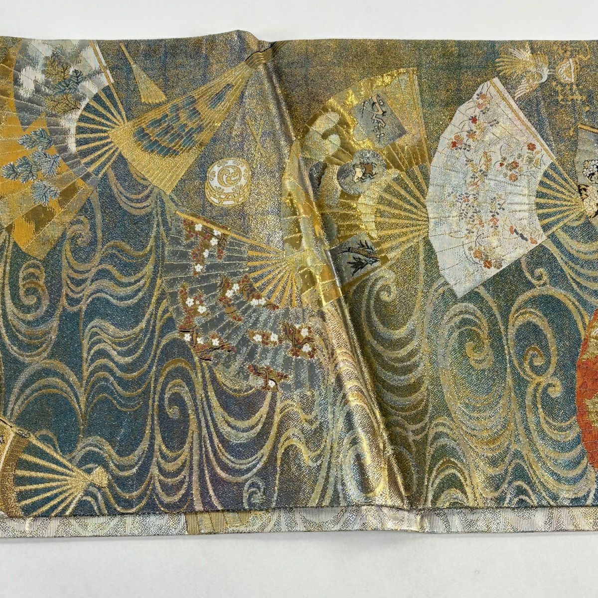 袋帶 秀品級 徳川美術館秘藏 扇子 花鳥 金絲 金金箔 金色 大鼓圖案 純蠶絲