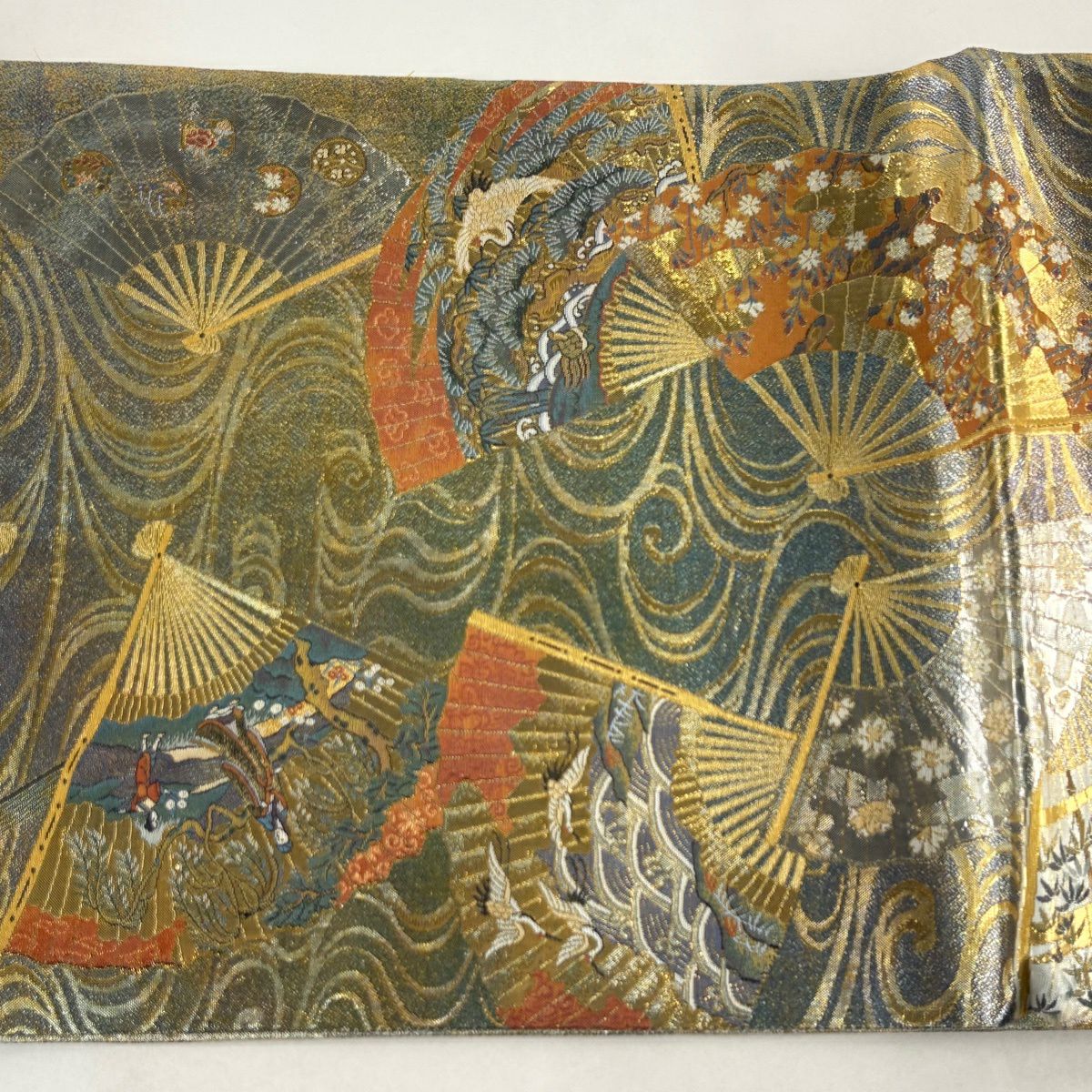 袋帶 秀品級 徳川美術館秘藏 扇子 花鳥 金絲 金金箔 金色 大鼓圖案 純蠶絲