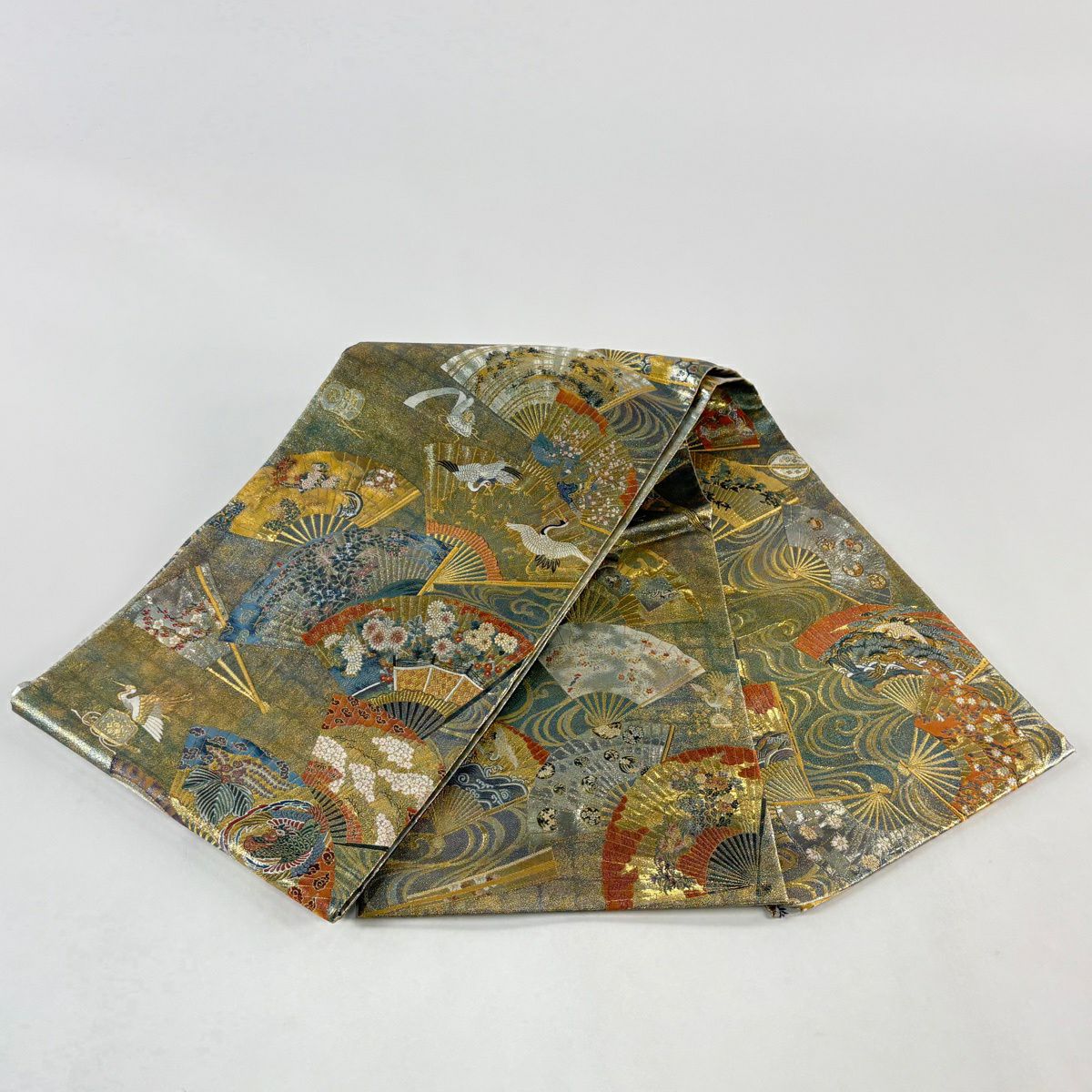袋帶 秀品級 徳川美術館秘藏 扇子 花鳥 金絲 金金箔 金色 大鼓圖案 純蠶絲