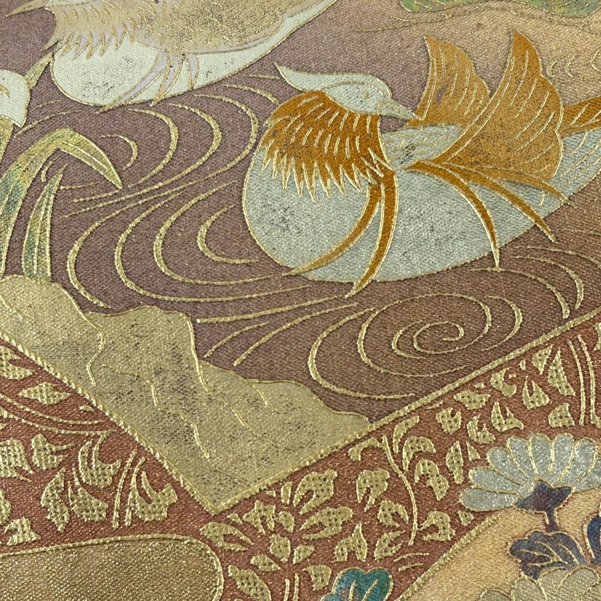 袋帶 秀品級 扇子面 花鳥 金銀彩 奶油色 大鼓圖案 純蠶絲
