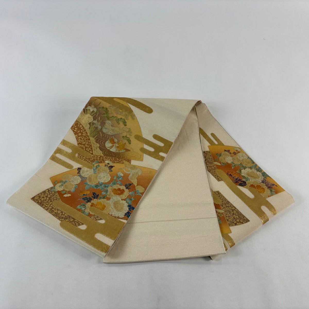 袋帶 秀品級 扇子面 花鳥 金銀彩 奶油色 大鼓圖案 純蠶絲