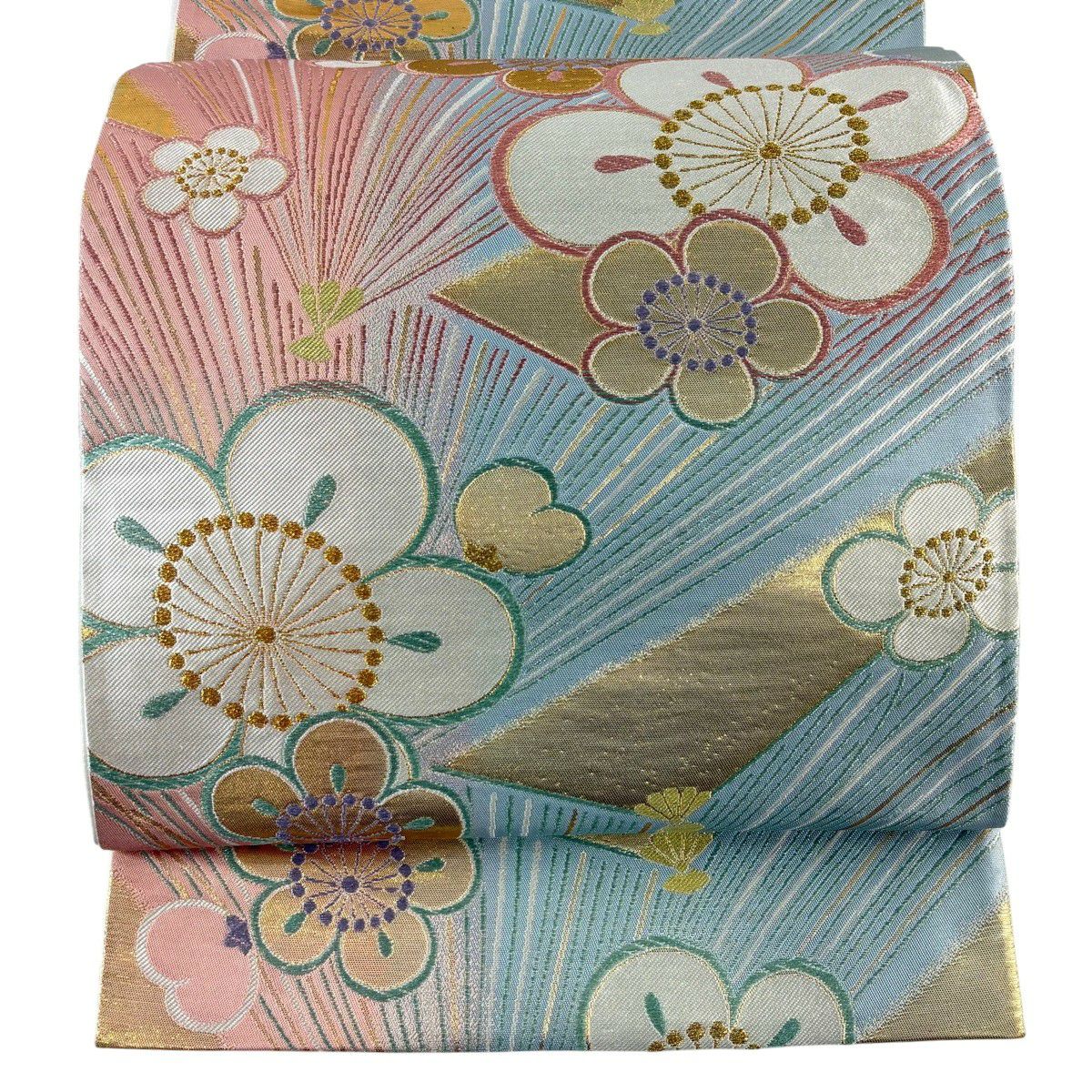 袋帶 秀品級 梅花 若松樹 金金箔 金絲 水色 全通 純蠶絲