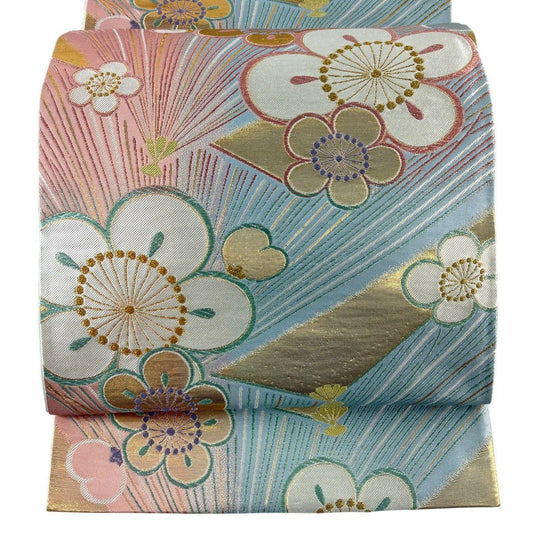 袋帶 秀品級 梅花 若松樹 金金箔 金絲 水色 全通 純蠶絲
