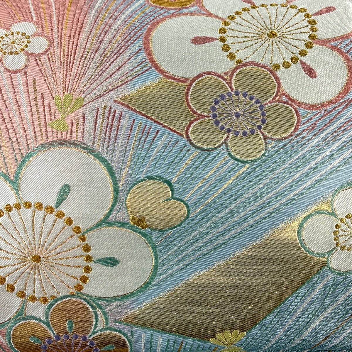 袋帶 秀品級 梅花 若松樹 金金箔 金絲 水色 全通 純蠶絲