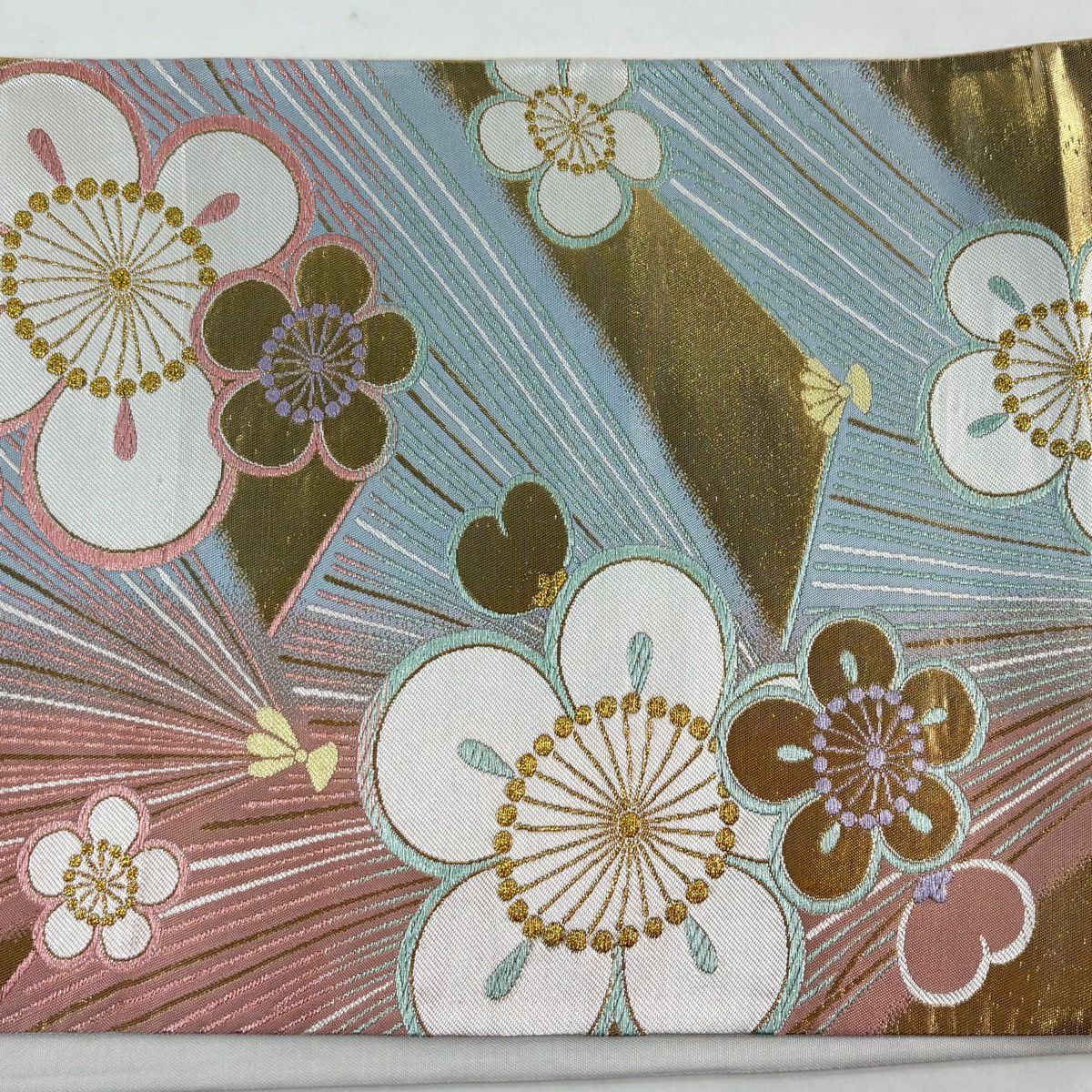 袋帶 秀品級 梅花 若松樹 金金箔 金絲 水色 全通 純蠶絲