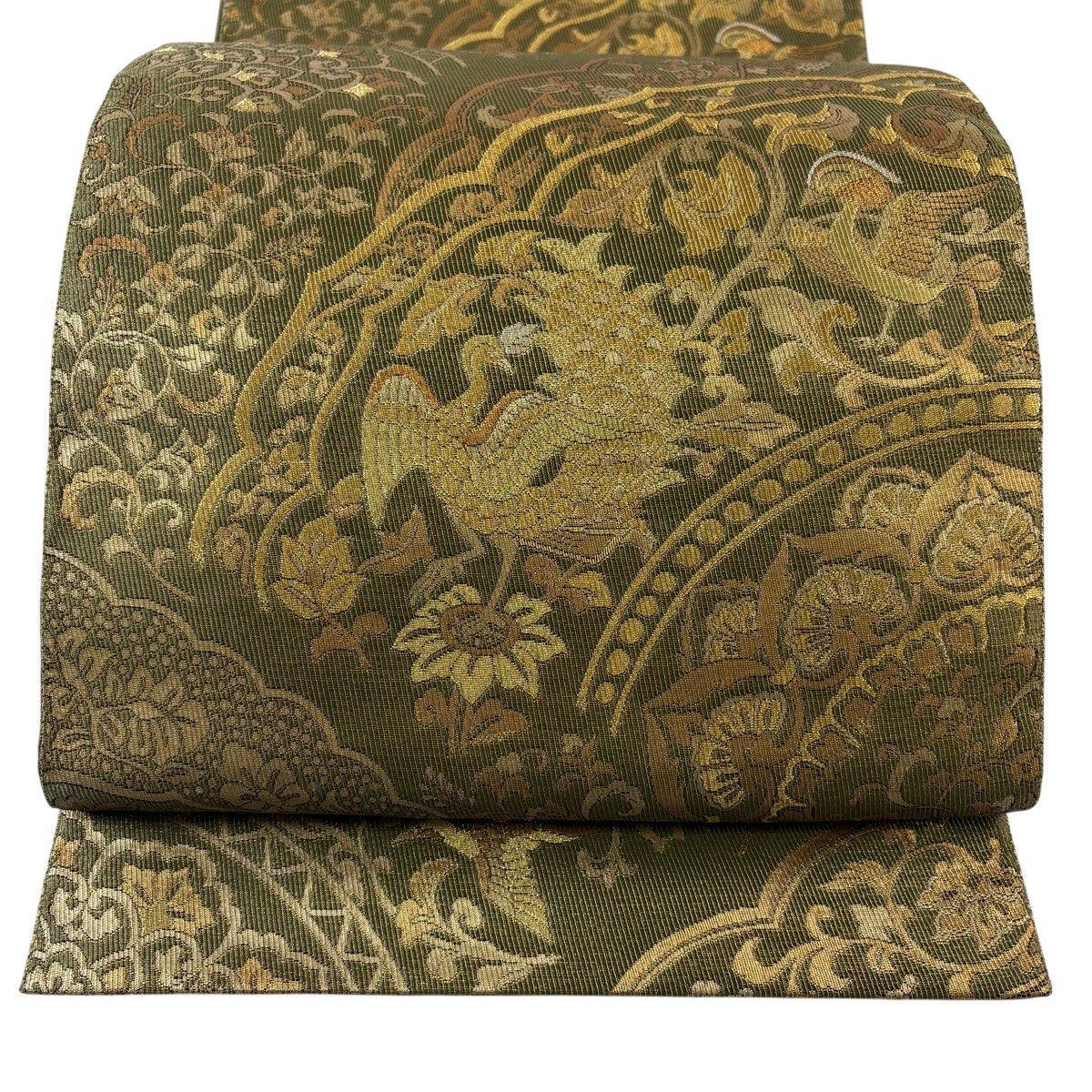 袋帶 秀品級 附有落款 鳥 花唐草紋 金絲 金金箔 灰綠 六通 純蠶絲