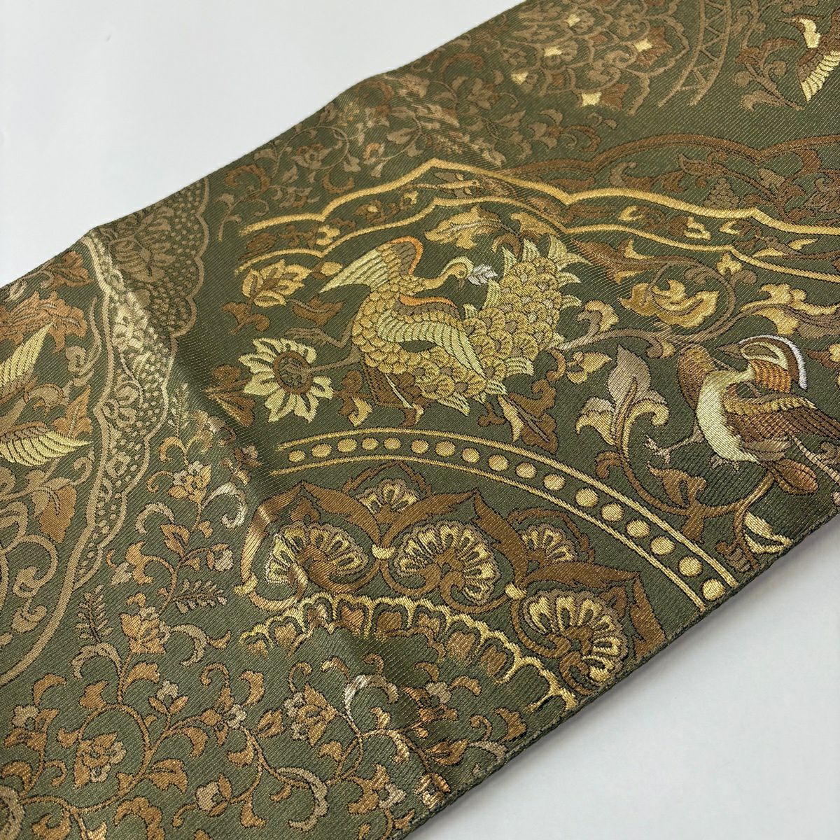 袋帶 秀品級 附有落款 鳥 花唐草紋 金絲 金金箔 灰綠 六通 純蠶絲
