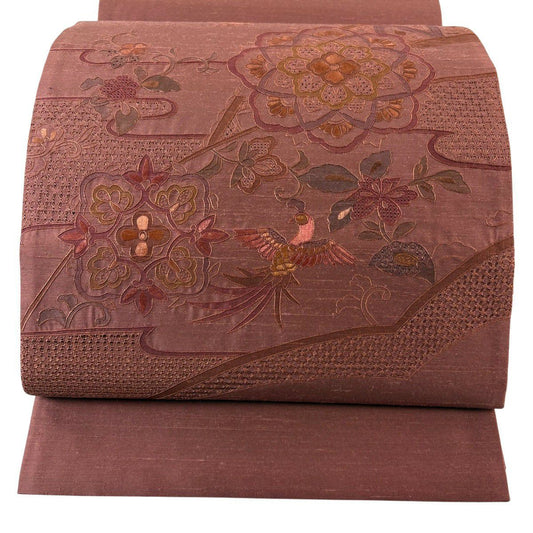 袋帶 秀品級 華紋 鳥 蘇州刺繡 紅茶 お太鼓圖案 純蠶絲