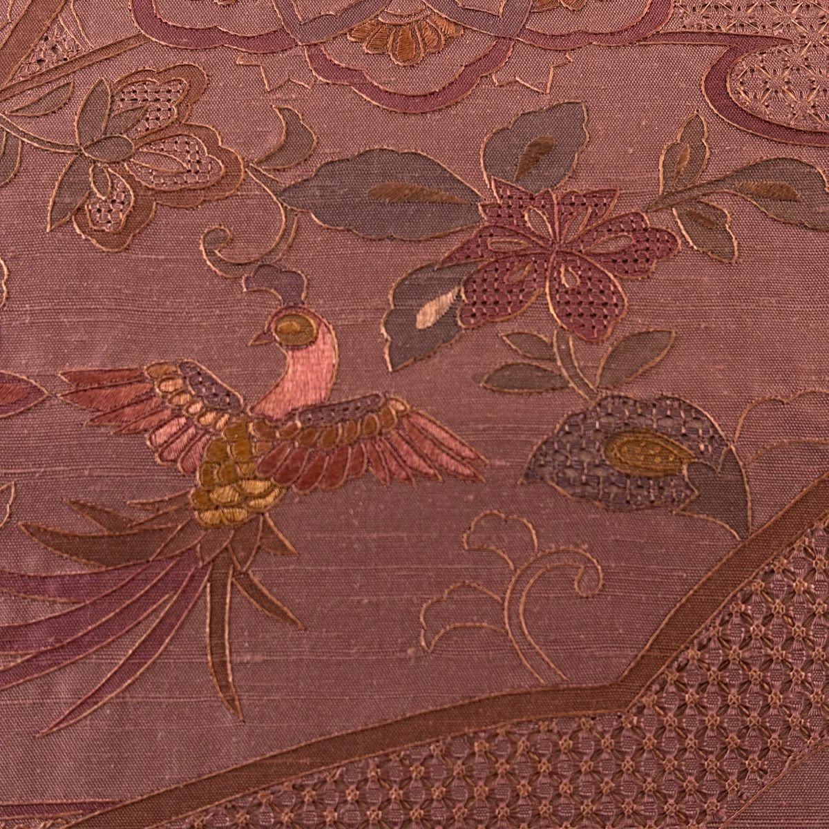 袋帶 秀品級 華紋 鳥 蘇州刺繡 紅茶 お太鼓圖案 純蠶絲