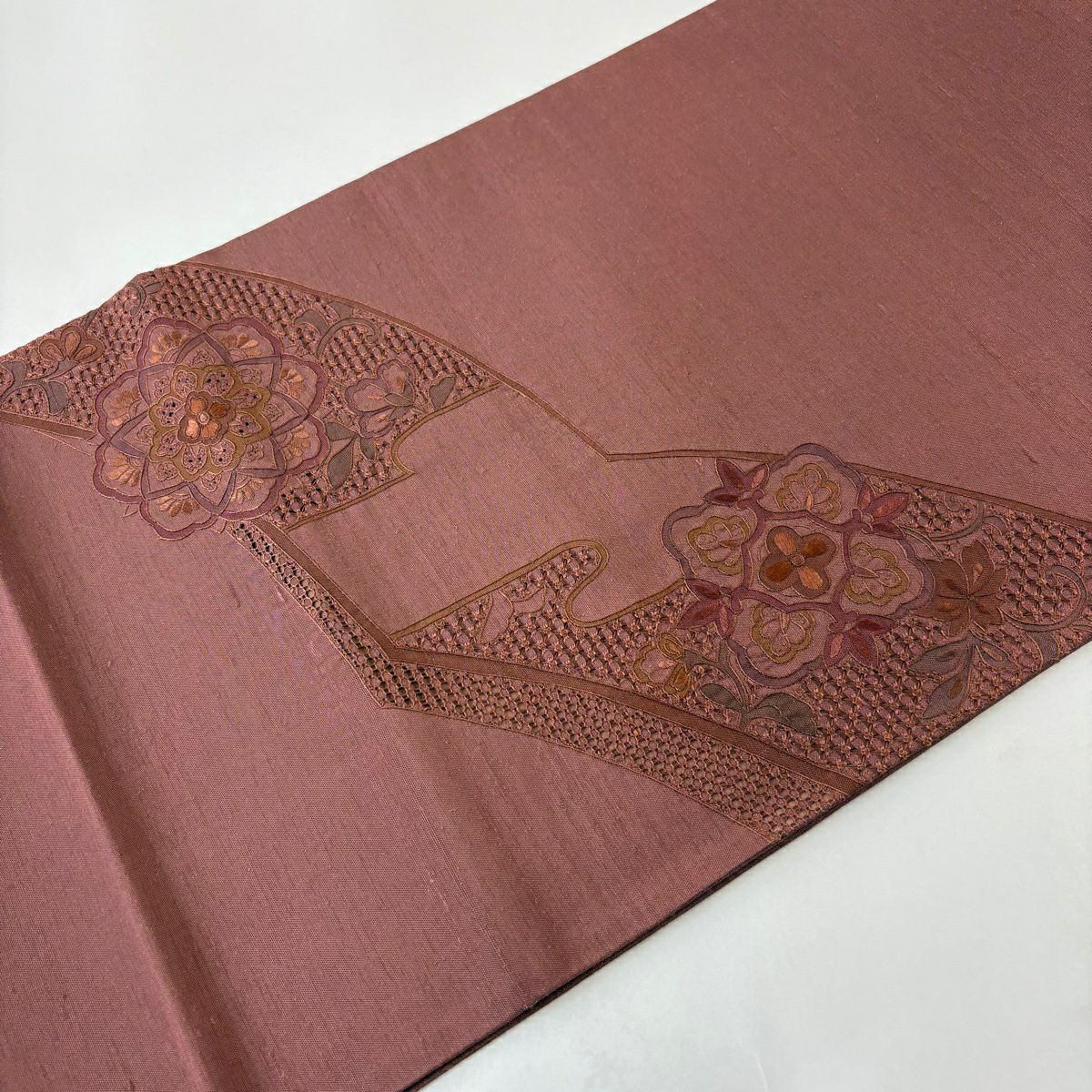 袋帶 秀品級 華紋 鳥 蘇州刺繡 紅茶 お太鼓圖案 純蠶絲