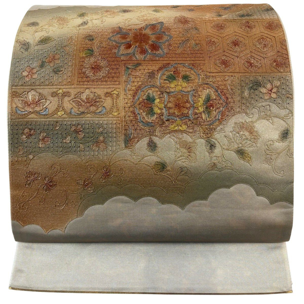袋帶 秀品級 華紋 花唐草紋 刺繡 金彩裝飾 米色 お太鼓圖案 純蠶絲