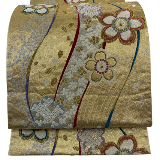 袋帶 秀品級 振袖禮服禮服用 櫻花花瓣 金銀絲 唐織 金色 六通 純蠶絲
