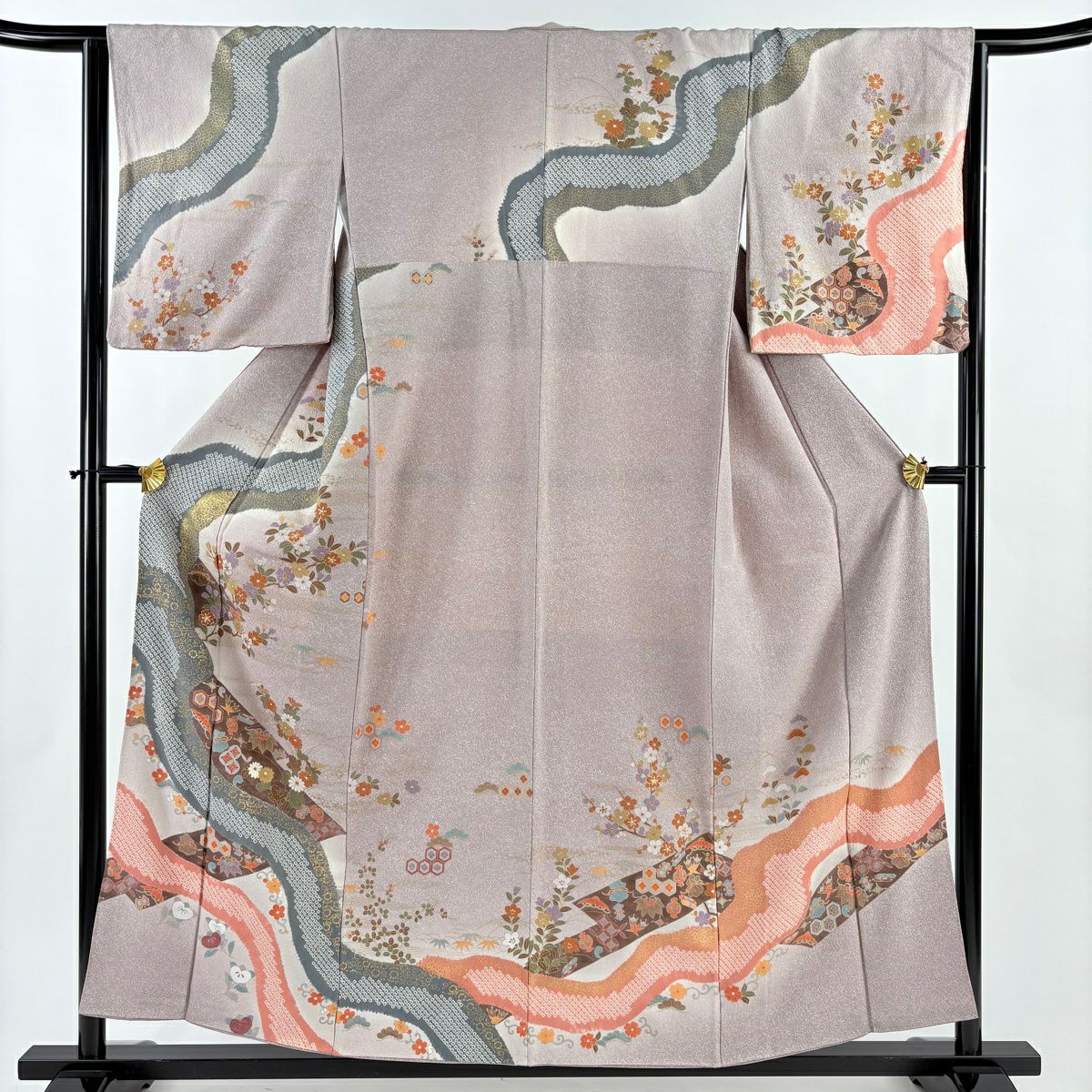 【美品】訪問服 身長157.5cm 袖長64.5cm M 雙層 草花紋紋 寶盡くし 金銀彩 漸層 灰紫 純蠶絲 優品級
