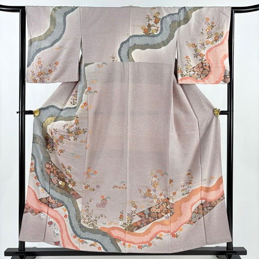 【美品】訪問服 身長157.5cm 袖長64.5cm M 雙層 草花紋紋 寶盡くし 金銀彩 漸層 灰紫 純蠶絲 優品級