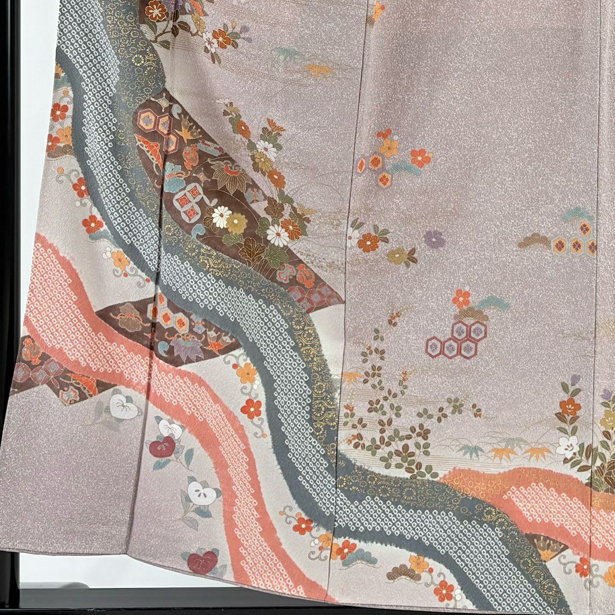 【美品】訪問服 身長157.5cm 袖長64.5cm M 雙層 草花紋紋 寶盡くし 金銀彩 漸層 灰紫 純蠶絲 優品級