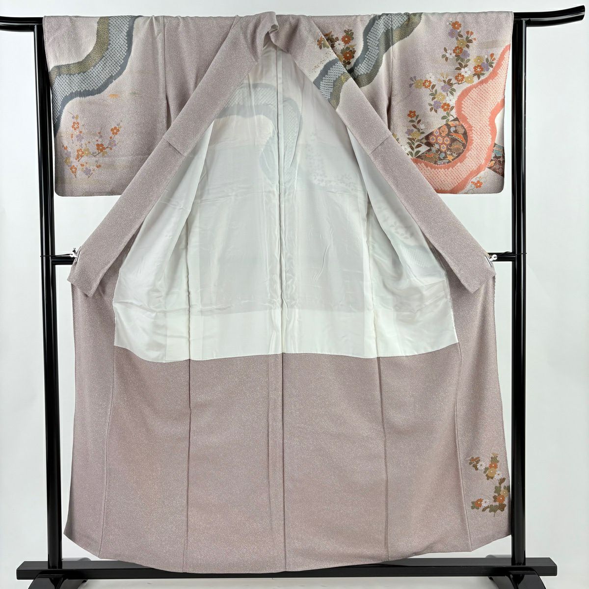 【美品】訪問服 身長157.5cm 袖長64.5cm M 雙層 草花紋紋 寶盡くし 金銀彩 漸層 灰紫 純蠶絲 優品級