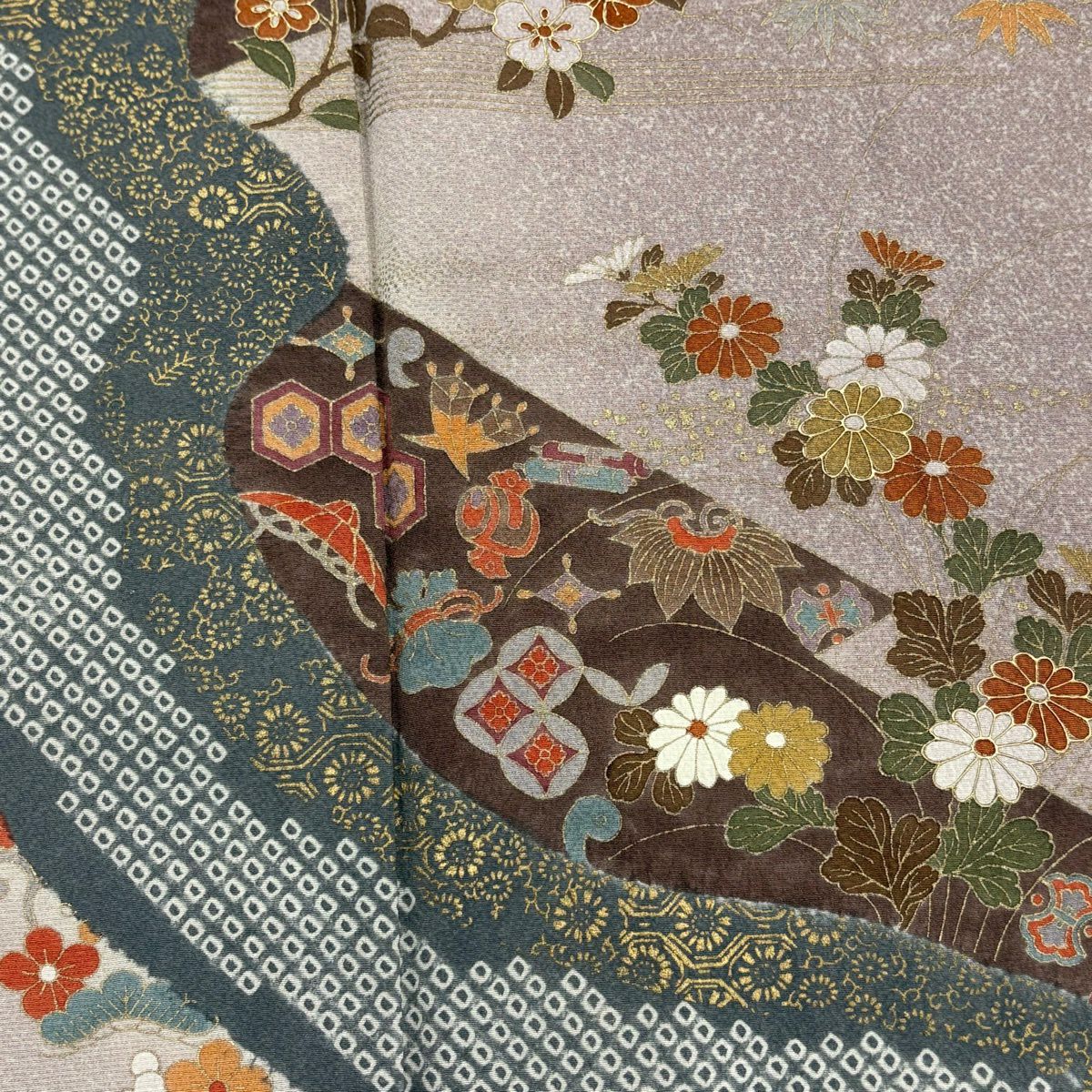 【美品】訪問服 身長157.5cm 袖長64.5cm M 雙層 草花紋紋 寶盡くし 金銀彩 漸層 灰紫 純蠶絲 優品級