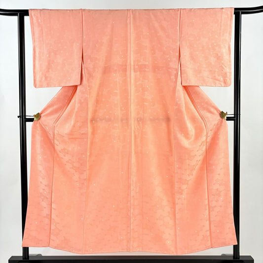 【美品】 小紋 身長153cm 袖長61cm S 雙層 地紋 幾何圖案 鮭粉色 純蠶絲 優品級