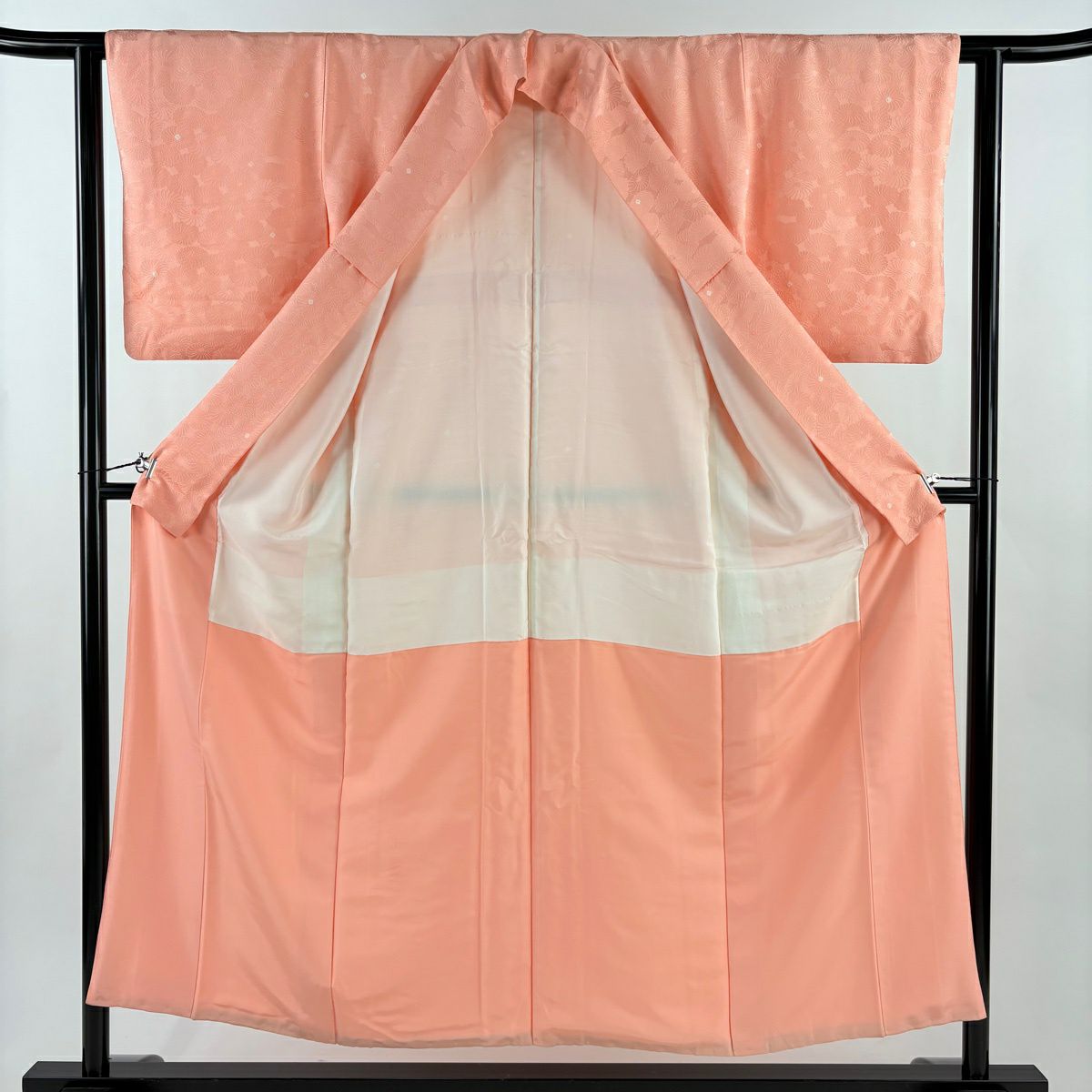 【美品】 小紋 身長153cm 袖長61cm S 雙層 地紋 幾何圖案 鮭粉色 純蠶絲 優品級