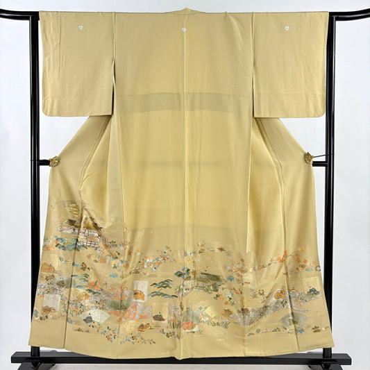 色留袖禮服 身長155.5cm 袖長63.5cm S 雙層 建物 かるた 金銀彩 淺黃土 純蠶絲 優品級 三つ紋