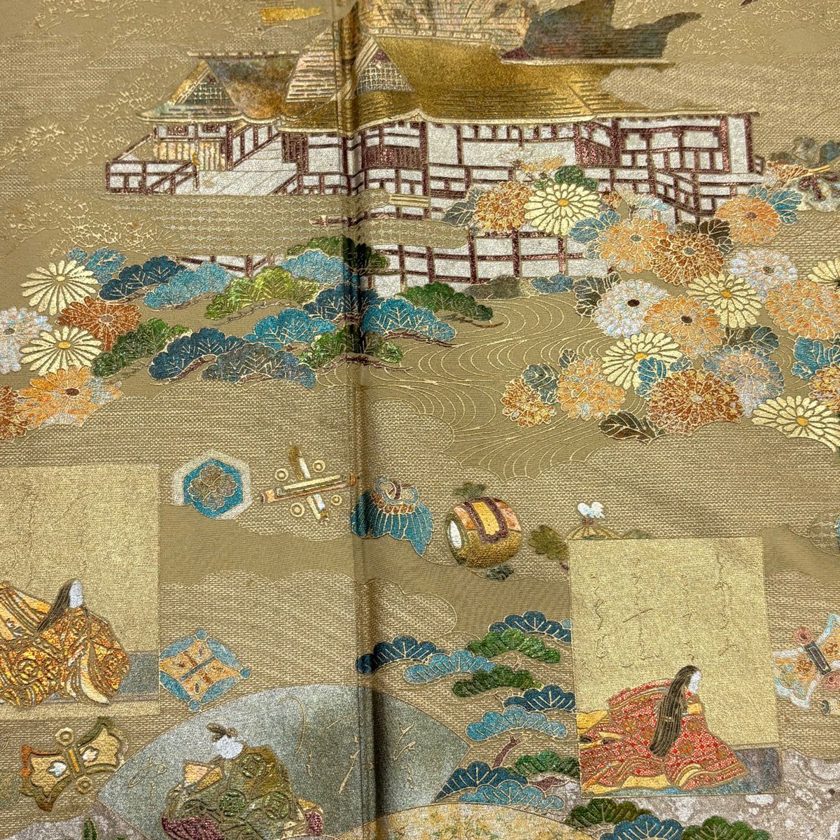 色留袖禮服 身長155.5cm 袖長63.5cm S 雙層 建物 かるた 金銀彩 淺黃土 純蠶絲 優品級 三つ紋