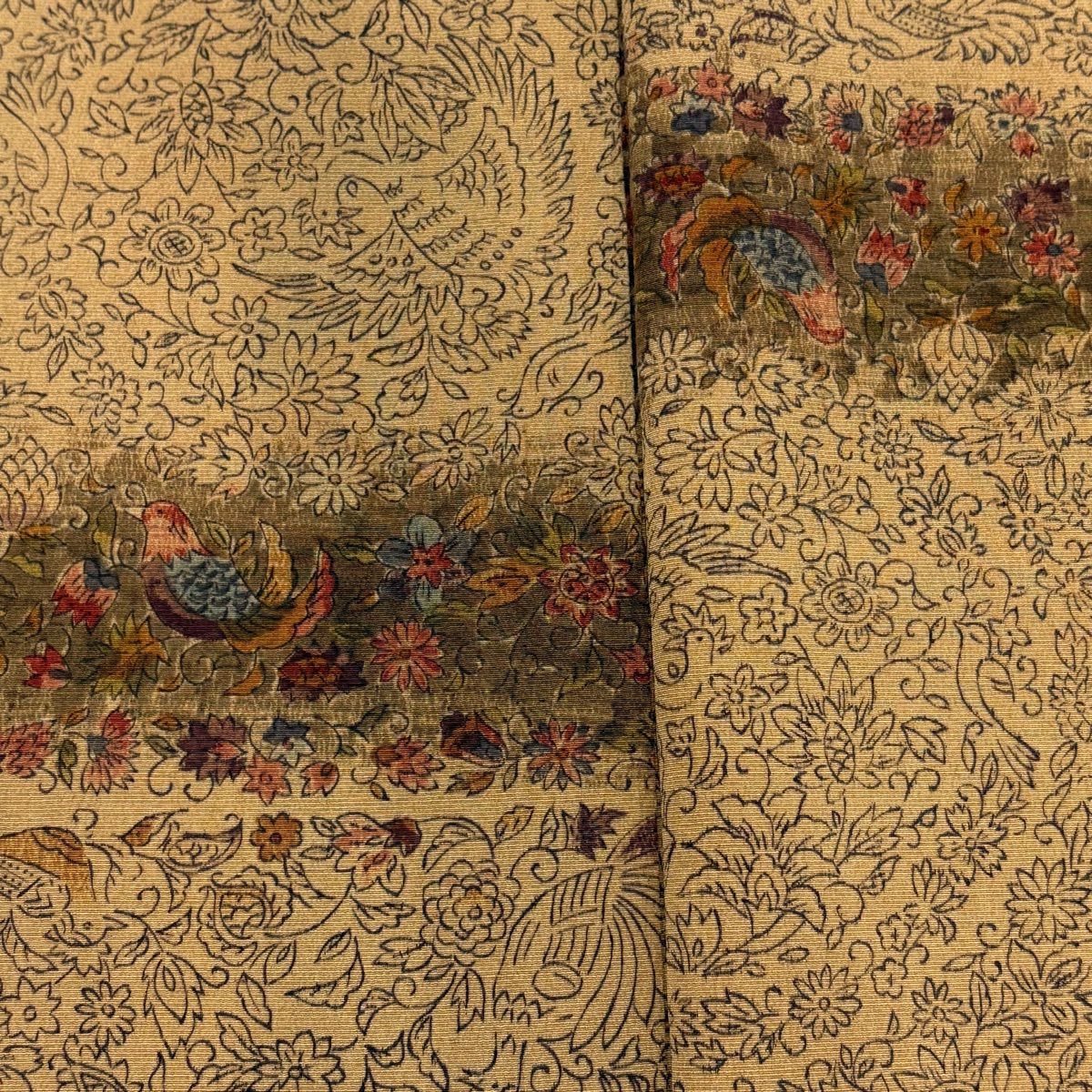【美品】 小紋 身長153.5cm 袖長64cm M 雙層 草花紋紋 鳥 絞織 薄茶 純蠶絲 優品級