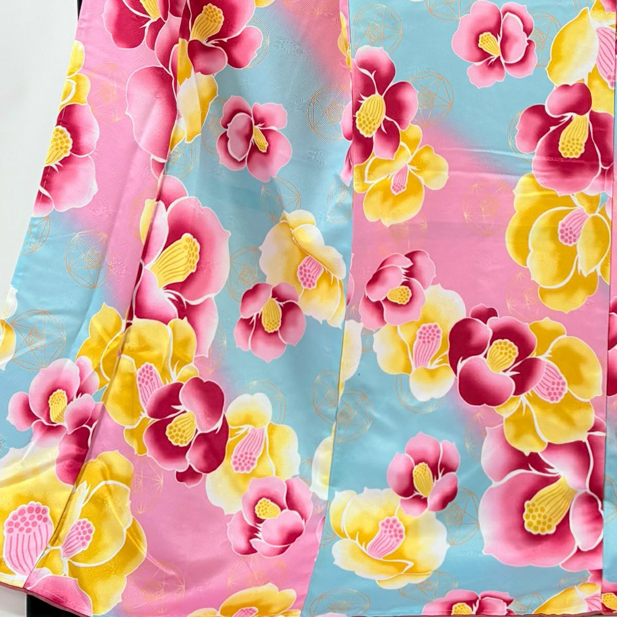 【美品】 小紋 身長178.5cm 袖長72.5cm L 雙層 可洗和服 花 地紋 漸變 水藍 化纖 優品級