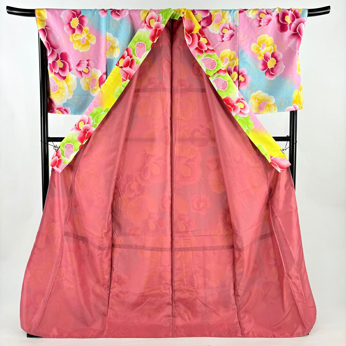 【美品】 小紋 身長178.5cm 袖長72.5cm L 雙層 可洗和服 花 地紋 漸變 水藍 化纖 優品級