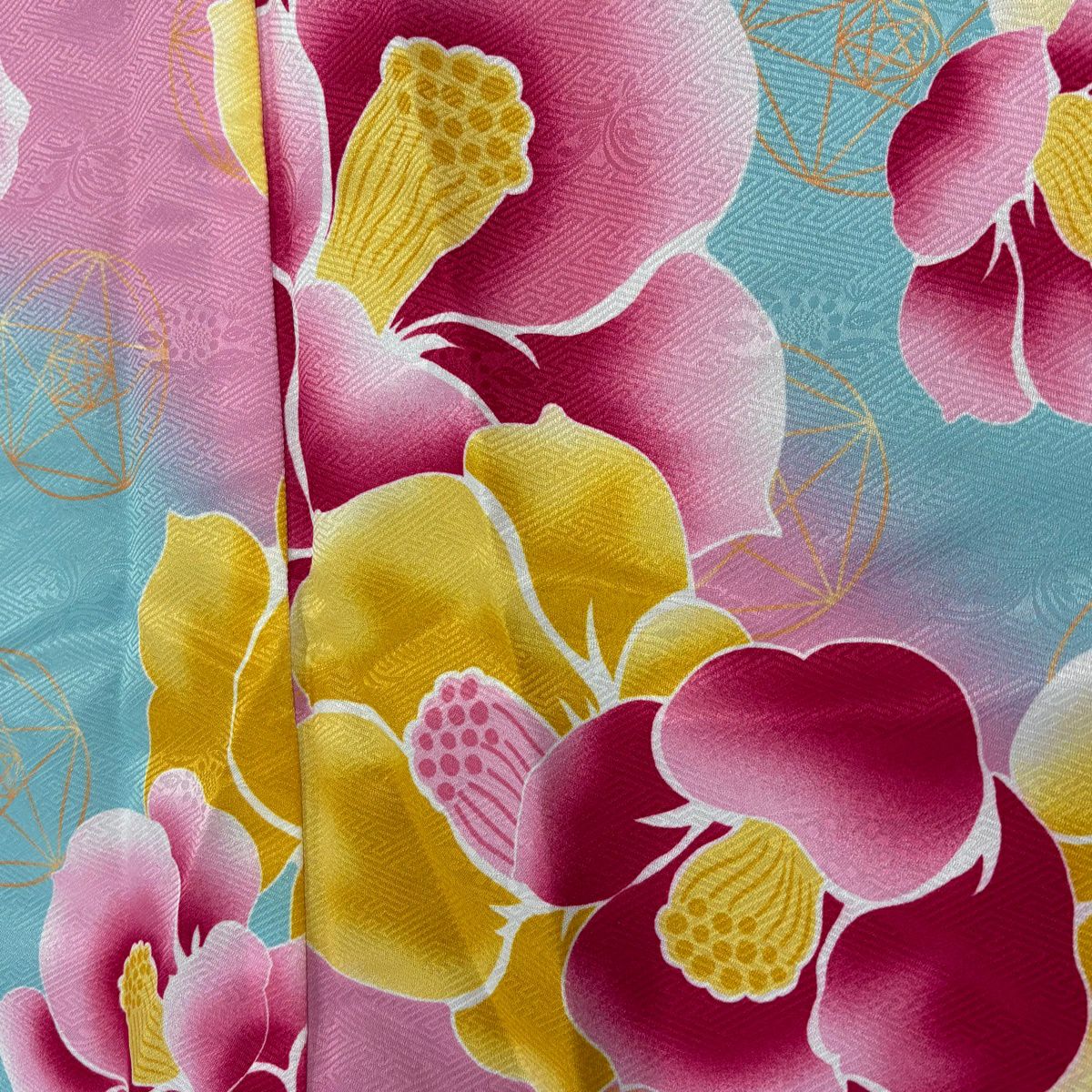 【美品】 小紋 身長178.5cm 袖長72.5cm L 雙層 可洗和服 花 地紋 漸變 水藍 化纖 優品級