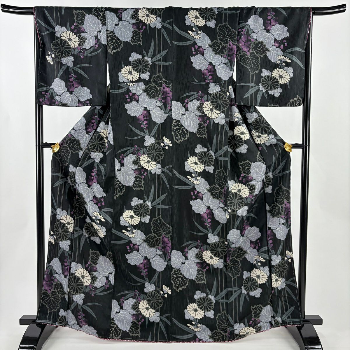 【美品】 小紋 身長167.5cm 袖長67.5cm L 雙層 可洗和服 菊花 竹子 黑 化纖 優品級