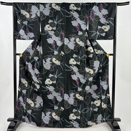 【美品】 小紋 身長167.5cm 袖長67.5cm L 雙層 可洗和服 菊花 竹子 黑 化纖 優品級