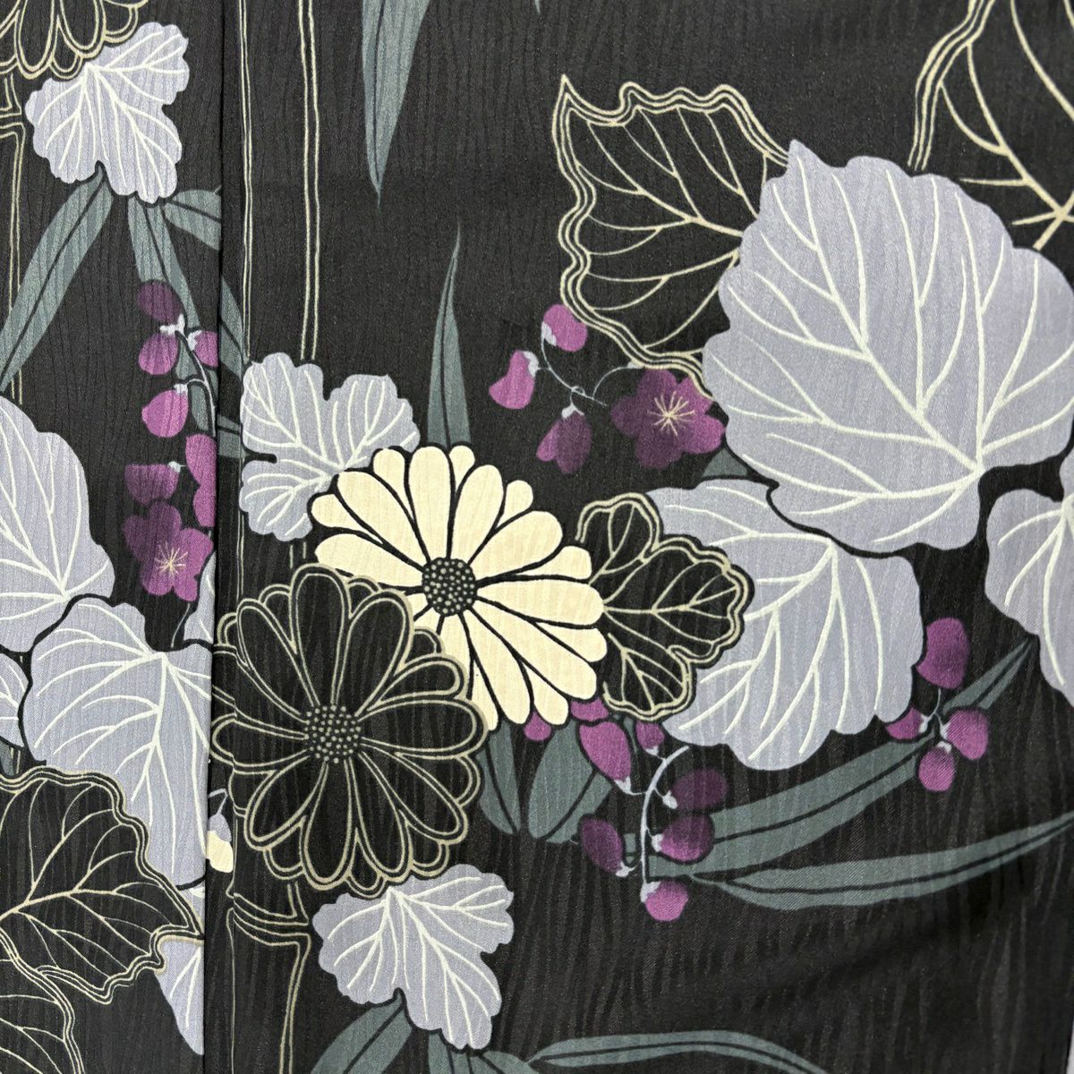 【美品】 小紋 身長167.5cm 袖長67.5cm L 雙層 可洗和服 菊花 竹子 黑 化纖 優品級