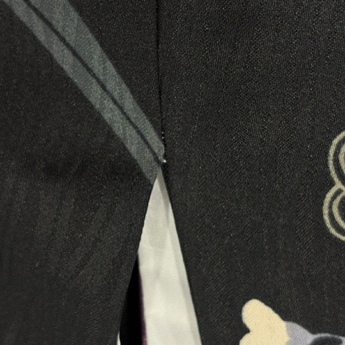 【美品】 小紋 身長167.5cm 袖長67.5cm L 雙層 可洗和服 菊花 竹子 黑 化纖 優品級