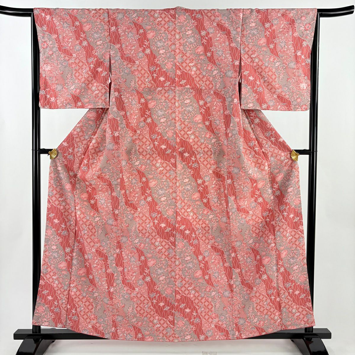 【美品】 小紋 身長161cm 袖長66cm M 雙層 寬領 草花紋紋 道長取 濃粉紅 化纖 優品級