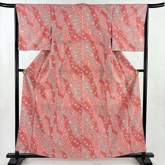 【美品】 小紋 身長161cm 袖長66cm M 雙層 寬領 草花紋紋 道長取 濃粉紅 化纖 優品級