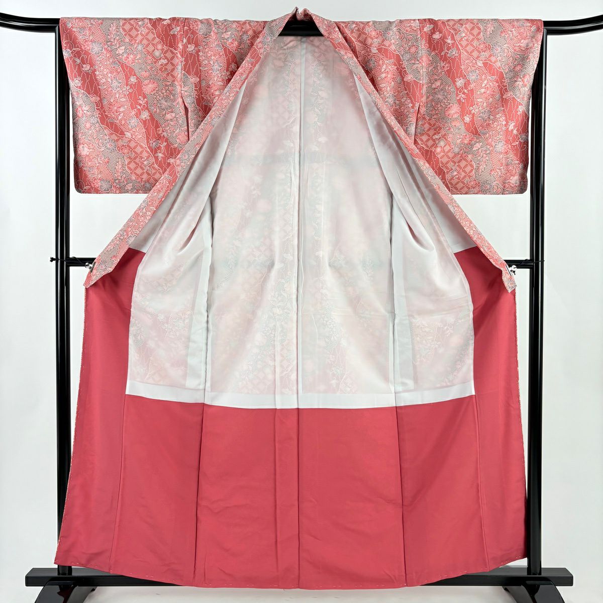 【美品】 小紋 身長161cm 袖長66cm M 雙層 寬領 草花紋紋 道長取 濃粉紅 化纖 優品級