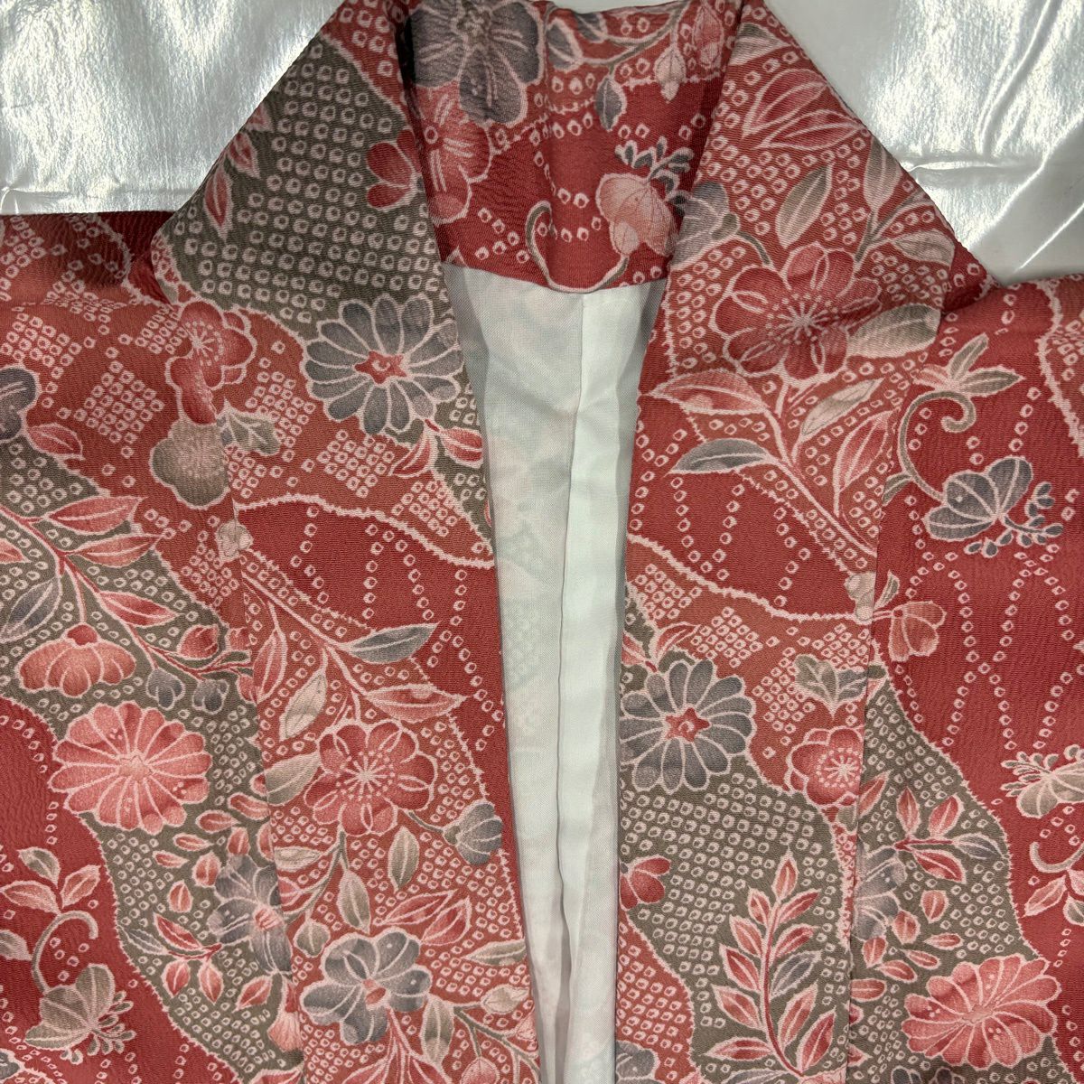 【美品】 小紋 身長161cm 袖長66cm M 雙層 寬領 草花紋紋 道長取 濃粉紅 化纖 優品級