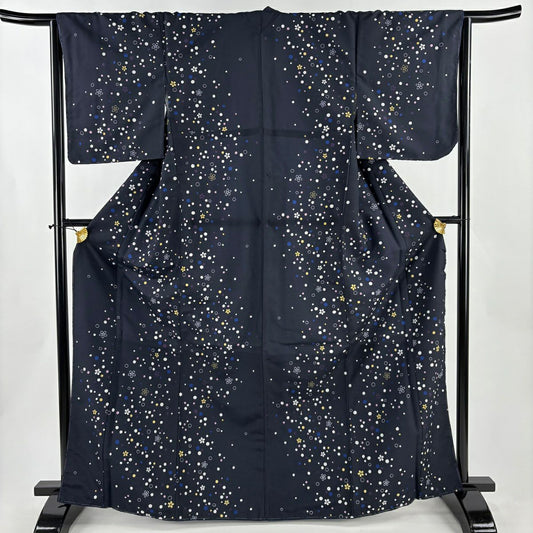 【美品】 小紋 身長168cm 袖長64.5cm M 雙層 可洗和服 樱花 圓形 深藍 化纖 優品級