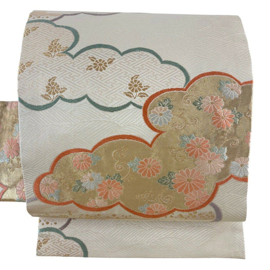 名古屋帶 優品級 菊花唐草紋 雲文 金絲 金金箔 米色 純蠶絲