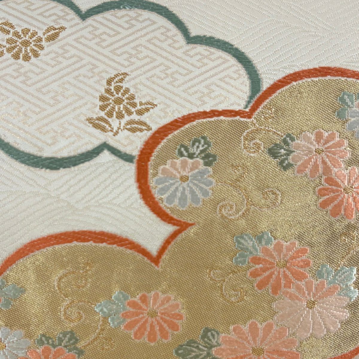 名古屋帶 優品級 菊花唐草紋 雲文 金絲 金金箔 米色 純蠶絲