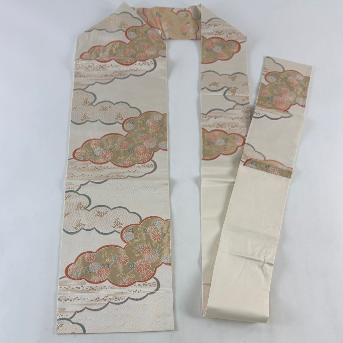 名古屋帶 優品級 菊花唐草紋 雲文 金絲 金金箔 米色 純蠶絲
