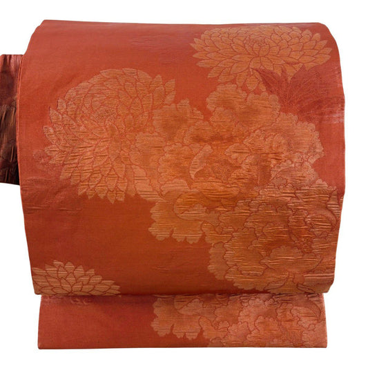 【美品】 名古屋帶 優品級 牡丹 茜 純蠶絲