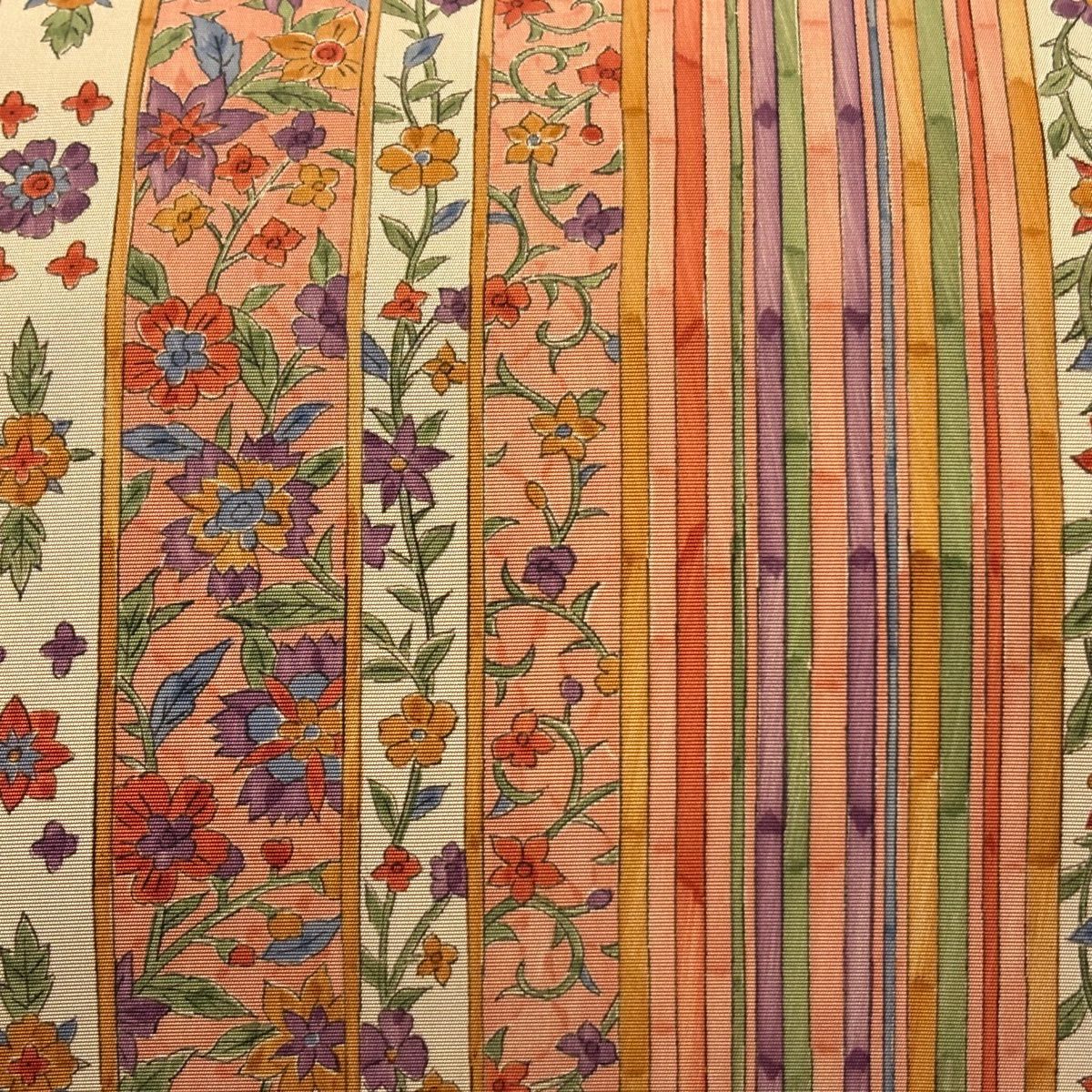【美品】 名古屋帶 優品級 花唐草紋 縞 鮭粉色 純蠶絲