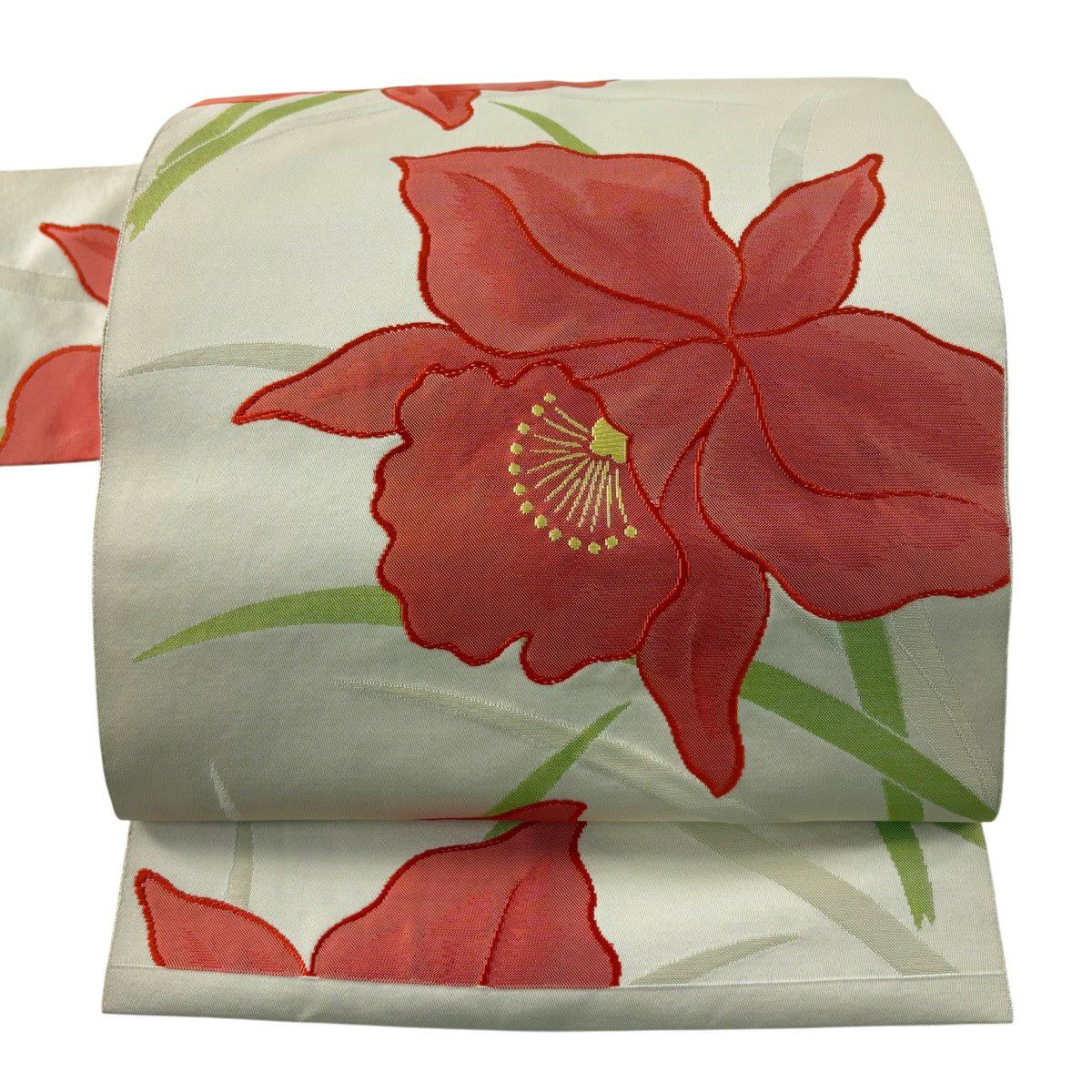 【美品】 名古屋帶 優品級 關西仕立 草花紋 淺米色 純蠶絲