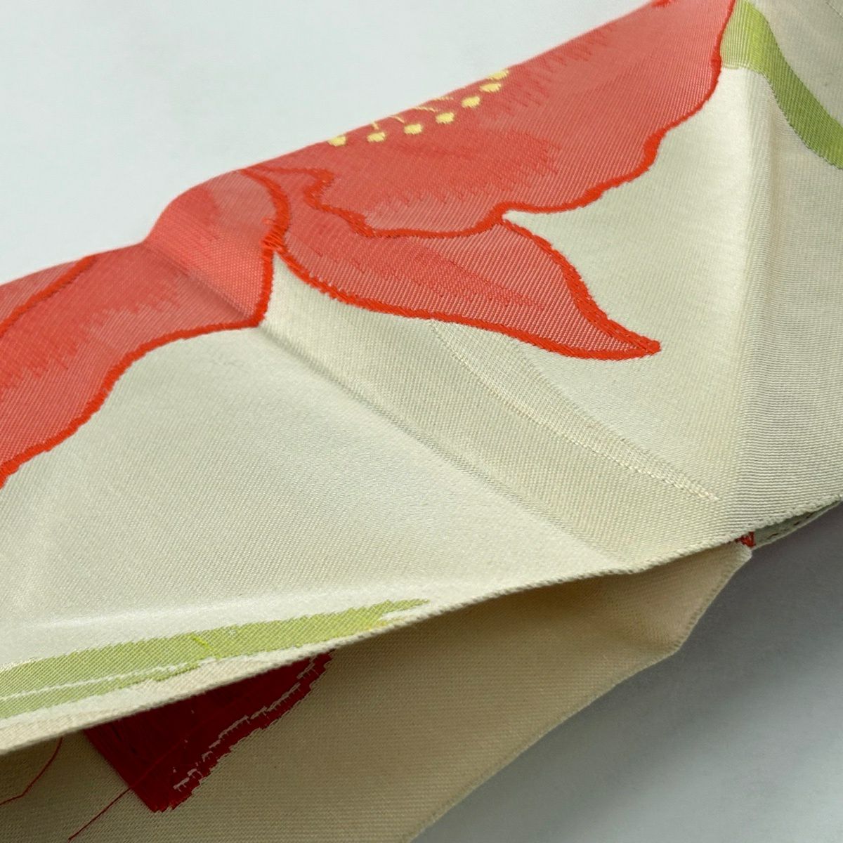 【美品】 名古屋帶 優品級 關西仕立 草花紋 淺米色 純蠶絲