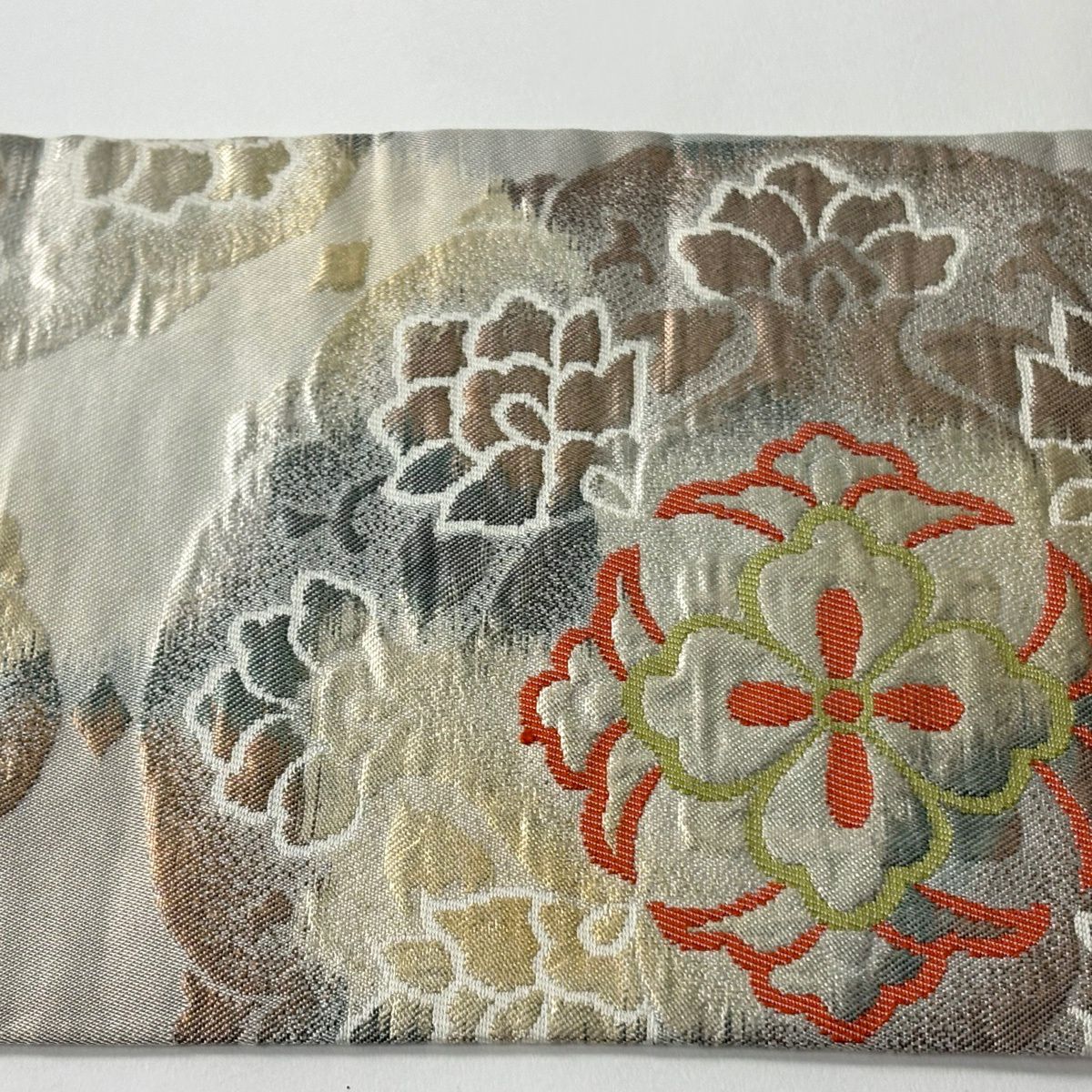 名古屋帶 優品級 關西仕立 花 金金箔 灰茶 純蠶絲