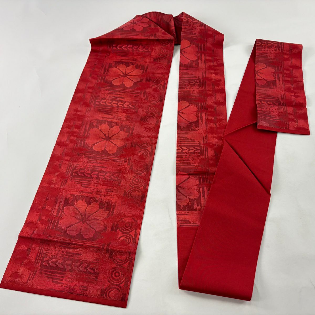【美品】名古屋帶 優品級 關西仕立 花霞 紅 純蠶絲