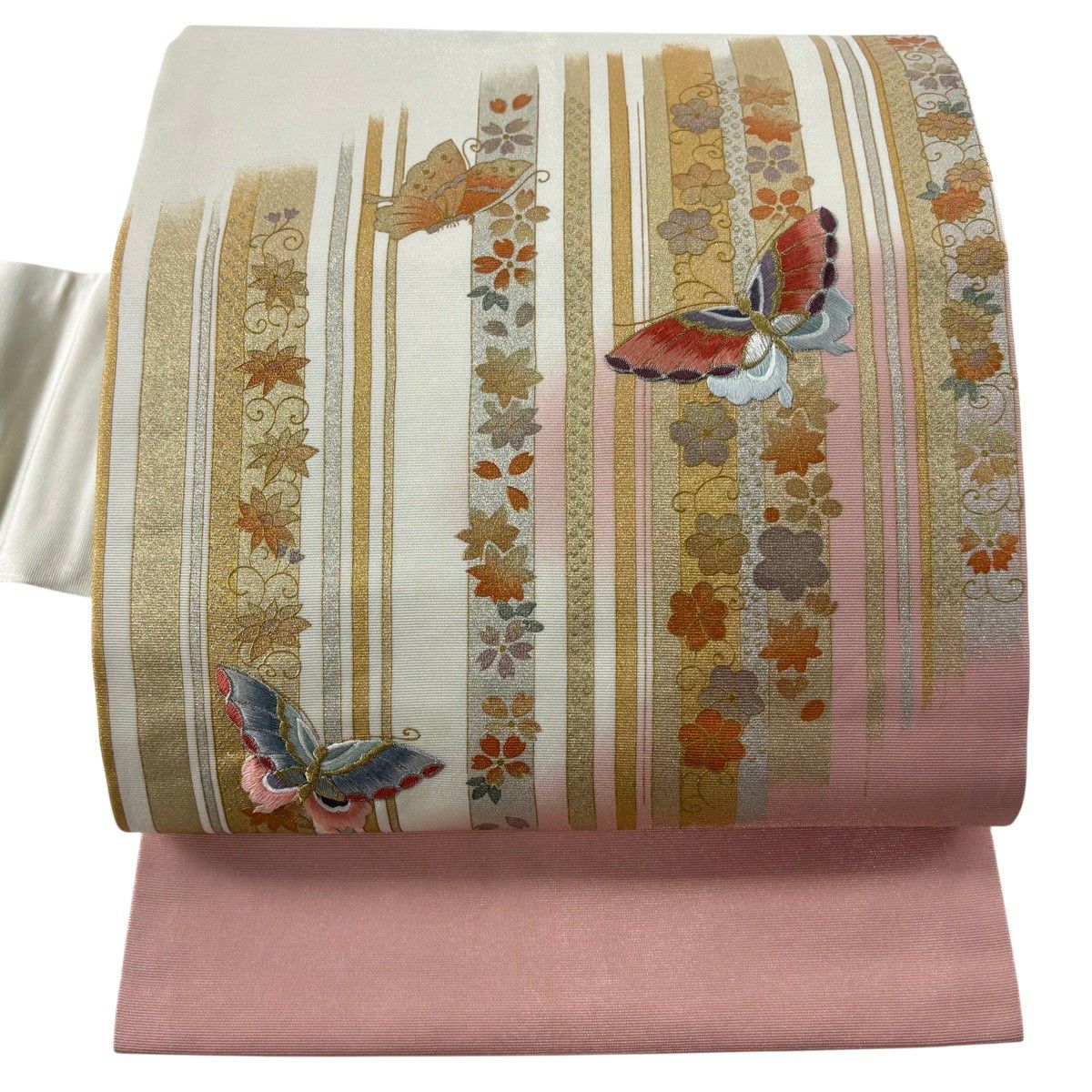 【美品】名古屋帶 優品級 蝶 草花紋 金銀彩 金銀絲 粉紅 純蠶絲