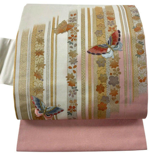 【美品】名古屋帶 優品級 蝶 草花紋 金銀彩 金銀絲 粉紅 純蠶絲