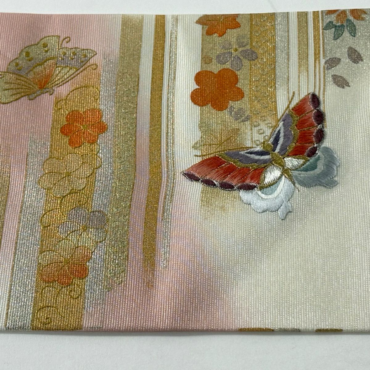 【美品】名古屋帶 優品級 蝶 草花紋 金銀彩 金銀絲 粉紅 純蠶絲
